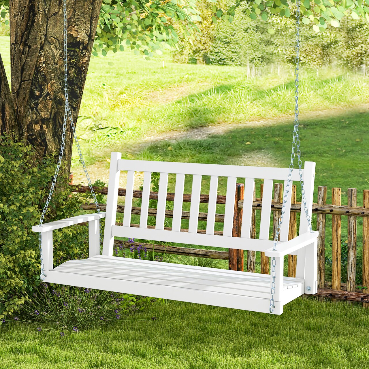 Wooden Outdoor Porch Swing with Slatted Backrest and Ergonomic Curved Seat